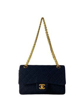 Chanel Shoulder Bag Double Flap Quilted Black Gold Mademoiselle Chain Cotton